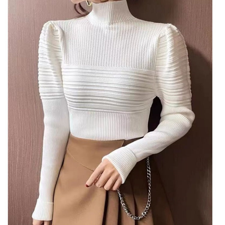 Women's Half Turtleneck Puff Sleeve Knitted Bottoming Shirt