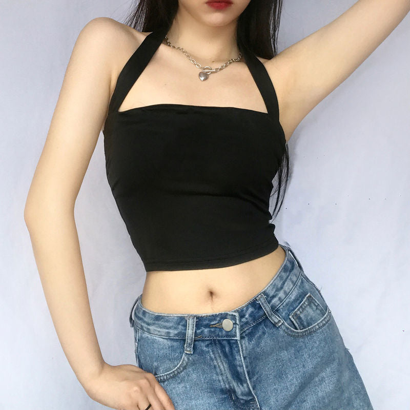 Simple Solid Color Halter Camisole For Women Outside Wear With Navel Exposed All-match T-shirt