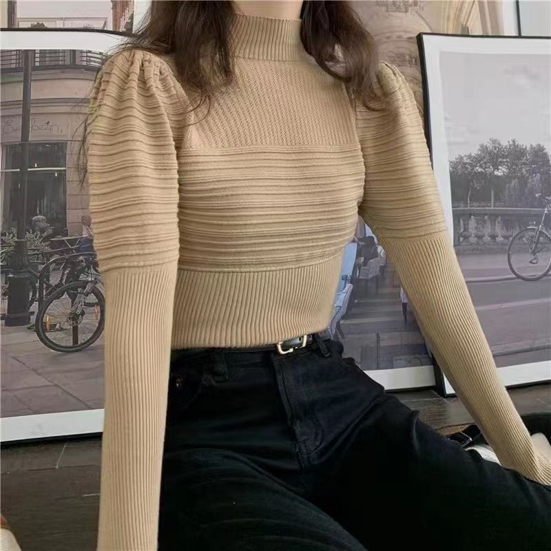 Women's Half Turtleneck Puff Sleeve Knitted Bottoming Shirt