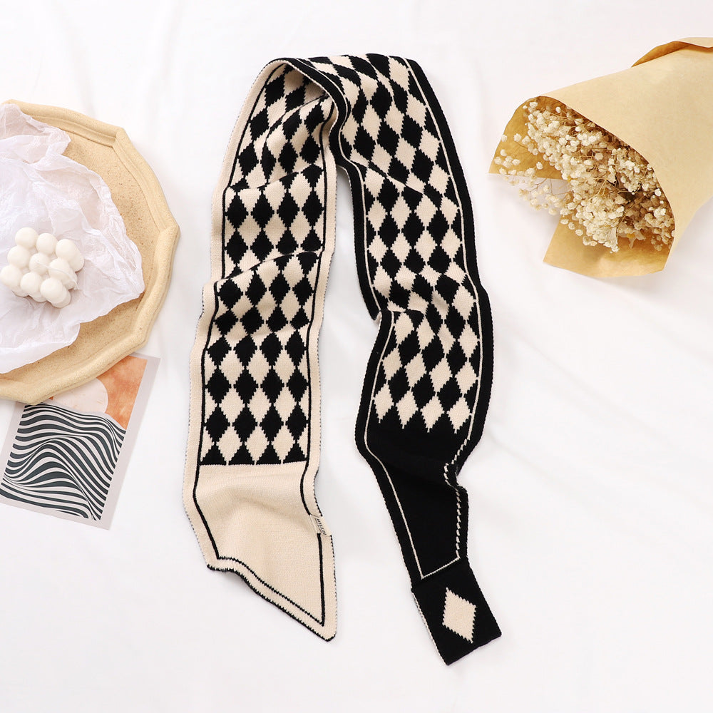Neck Protection Houndstooth Narrow Scarf Small Long Knitted Small Scarf