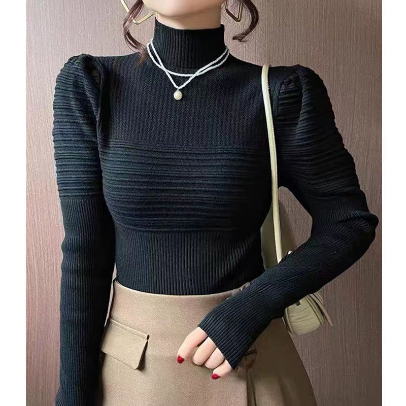 Women's Half Turtleneck Puff Sleeve Knitted Bottoming Shirt