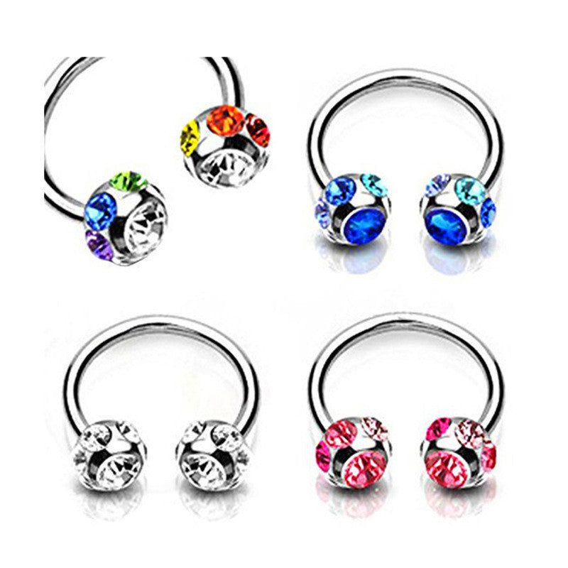 Stainless Steel Perforated Crystal Horseshoe Nose Ring Lip Bar Earrings Multi-purpose Ring