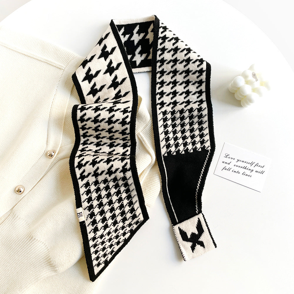 Neck Protection Houndstooth Narrow Scarf Small Long Knitted Small Scarf