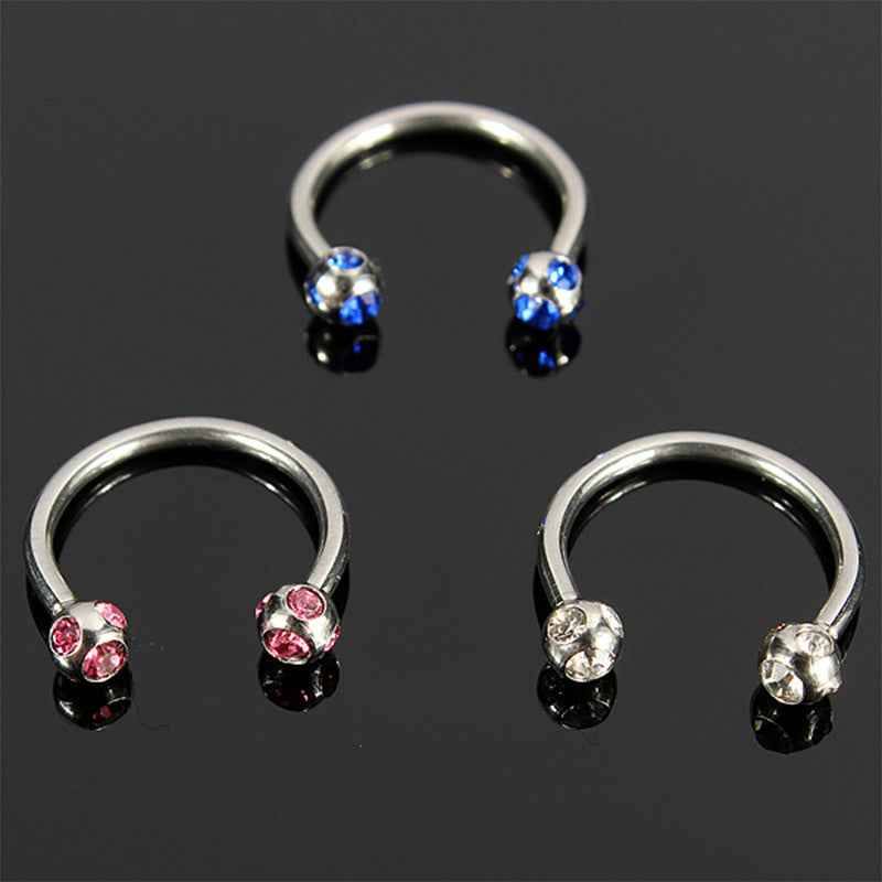 Stainless Steel Perforated Crystal Horseshoe Nose Ring Lip Bar Earrings Multi-purpose Ring